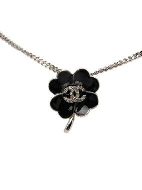 Chanel CC Logo Camellia Line Stone Necklace Silver Black Metal Enamel